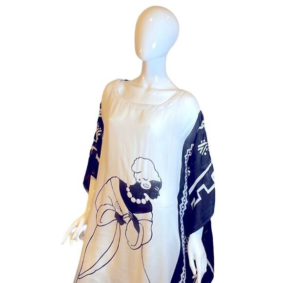 Vintage Y2K Lady Scoop Neck Tassel Kaftan MuMu Beach Cover Up 1X Black White - Picture 1 of 16
